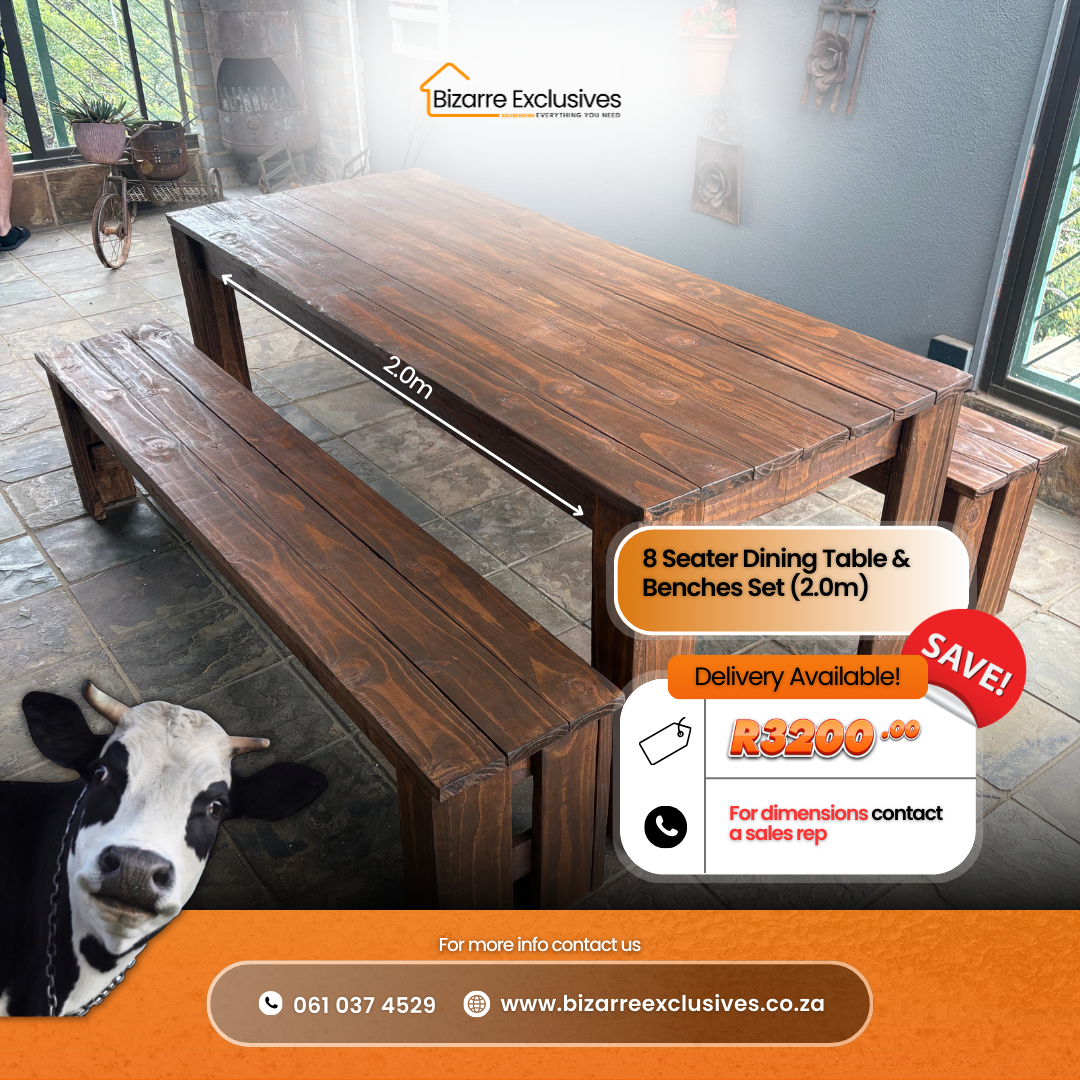 8 Seater Hand Crafted Dining Set And Benches - Large