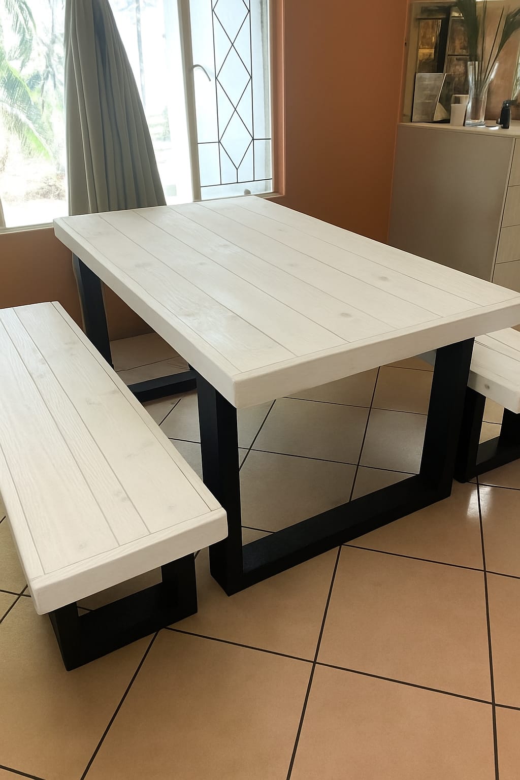 Custom 6 Seater And benches Dining Set - Light Brown and Black