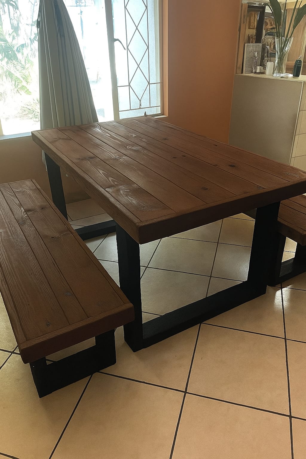 Custom 6 Seater And benches Dining Set - Light Brown and Black
