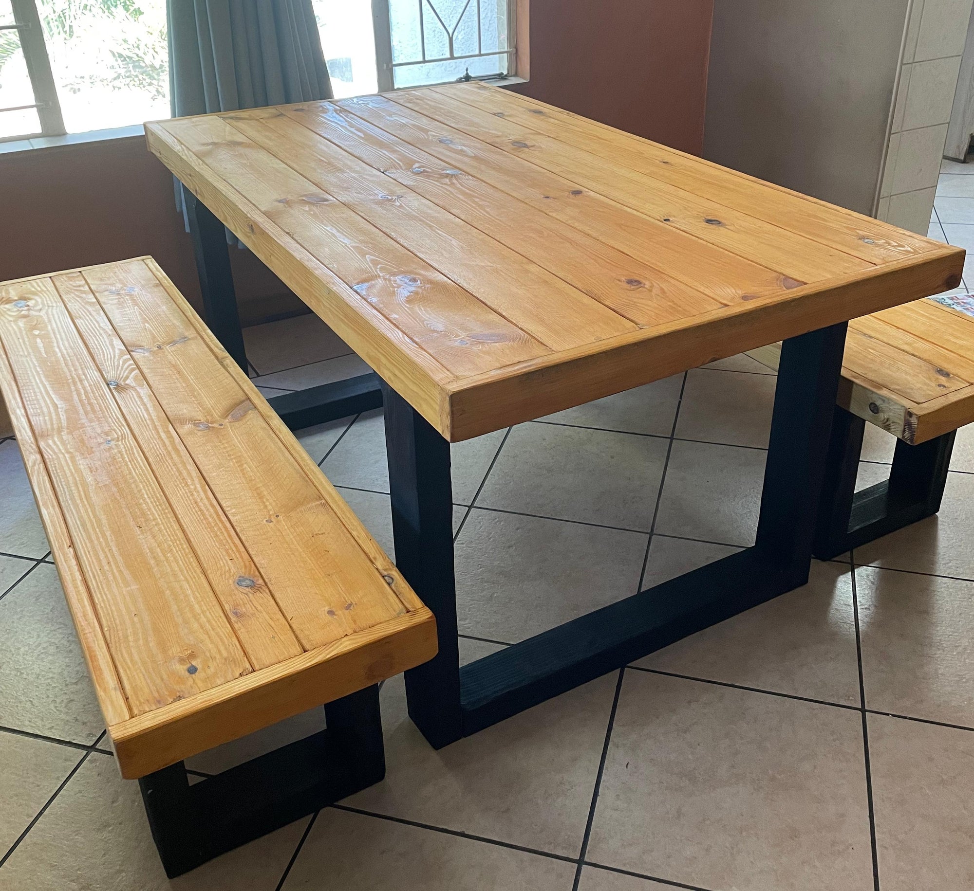 Custom 6 Seater And benches Dining Set - Light Brown and Black