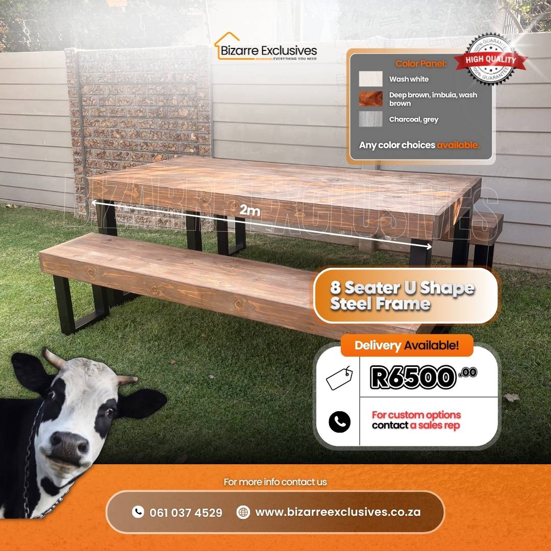 Premium luxury steel frame 8 seater dining table and benches set handcrafted gauteng.