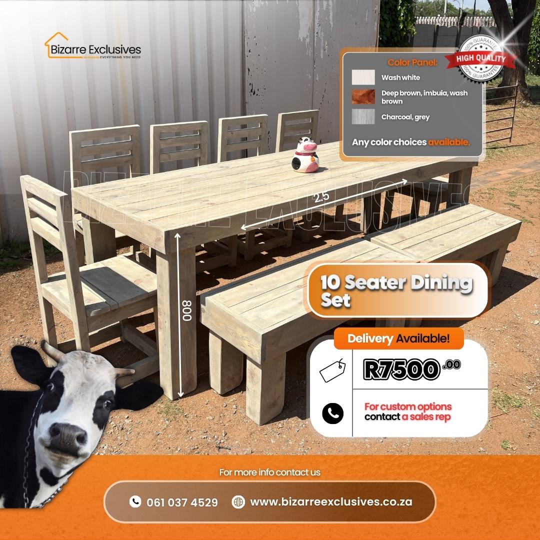 Luxury custom hancrafted 10 seater dining table, chairs and beches set gauteng.