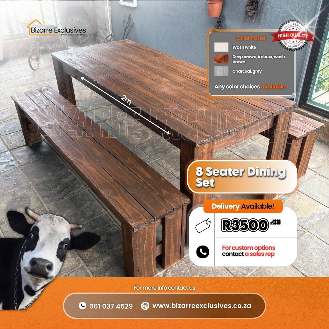 8 seater wooden dining table and benches set made of solid wood at best prices in Gauteng.