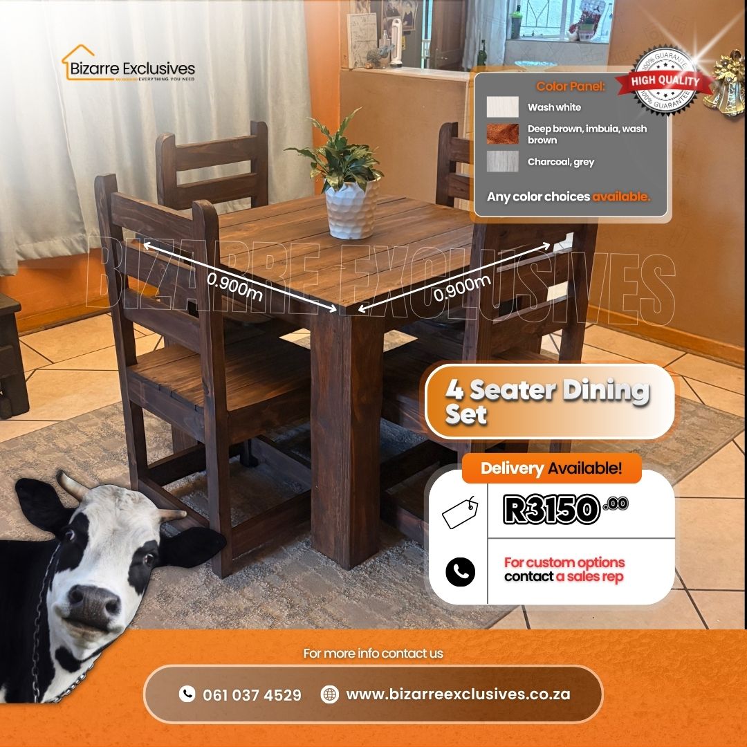 4 seater dining table and chair set handcrafted at Bizarre Exclusives in gauteng. 