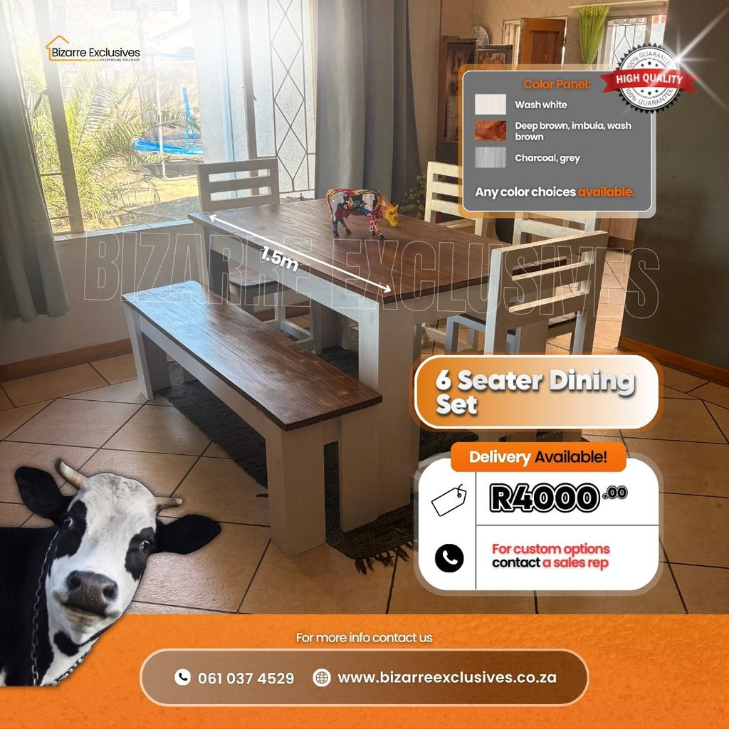 6 seater dining table, bench and chairs ser handcrafted gauteng. 