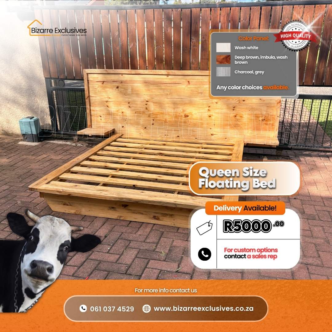 Queen size handcrafted floating bed gauteng at Bizarre Exclusives. 