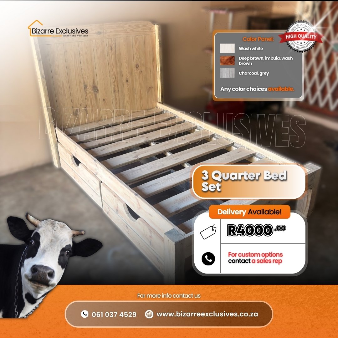 Quality pine wood handcrafted 3 quarter bed Gauteng.