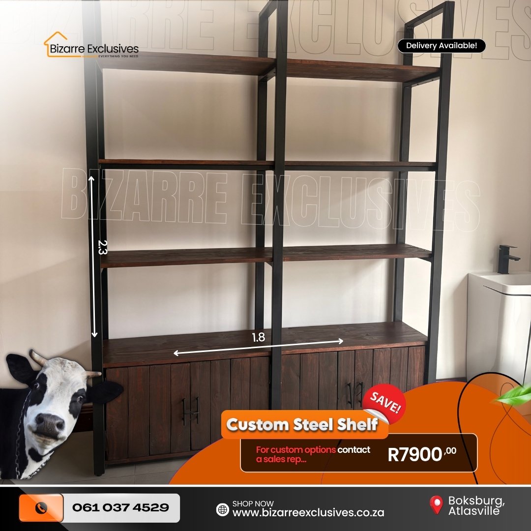Luxury handcrafted solid wood shelving with steel frame. 