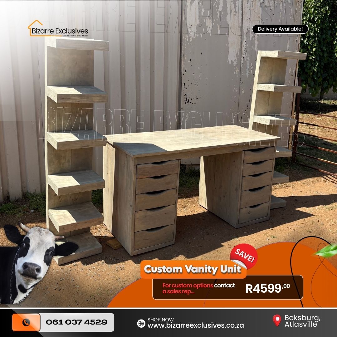 Solid wood rustic vanity unit and shelves handcrafted gauteng.