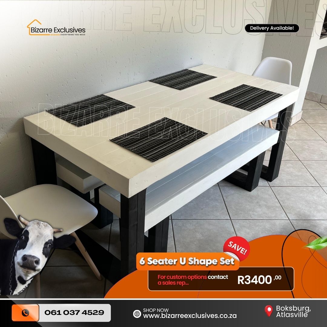 6-seater U-shaped dining table and benches set at Bizarre Exclusives In Gauteng. 