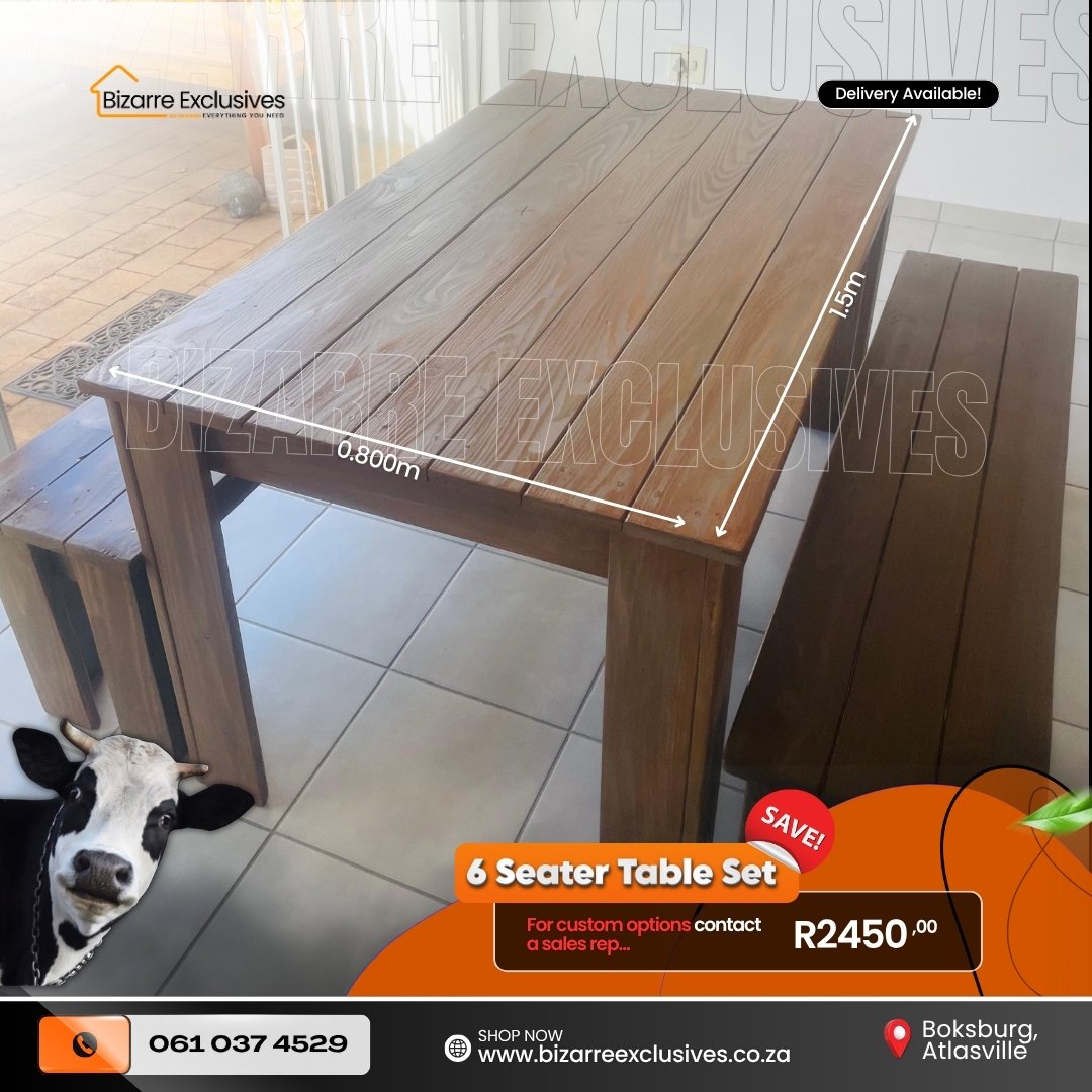 6 seater wood handcrafted table and benches set gauteng.