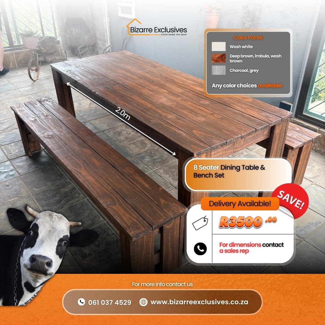 8 seater wooden dining table and benches set made of solid wood at best prices in Gauteng.