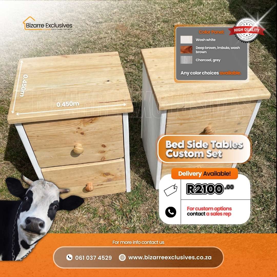 Solid wood handcrafted bed side tables set at Bizarre Exclusives in Gauteng.