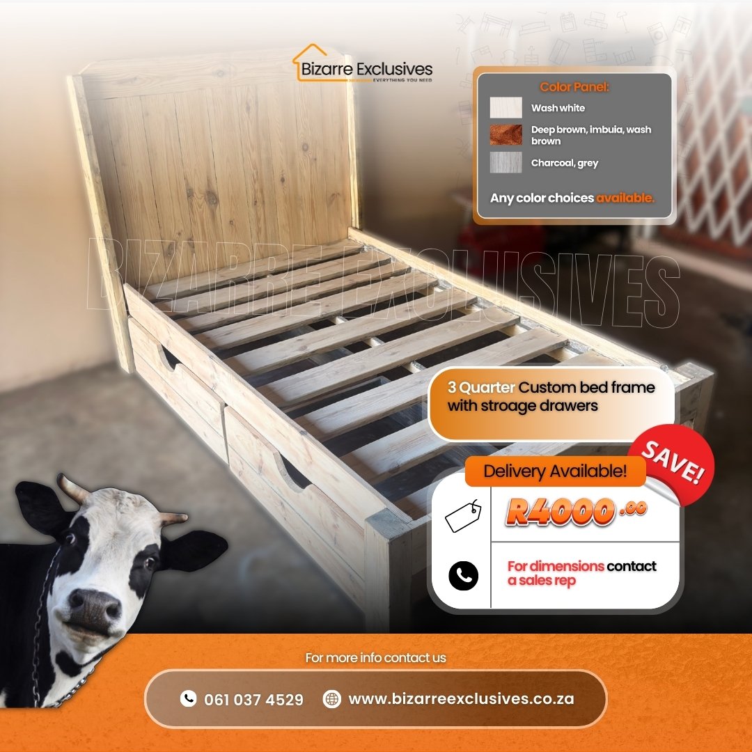 Solid wood handcrafted 3 quarter bed Gauteng