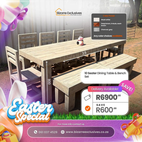 Luxury custom hancrafted 10 seater dining table, chairs and beches set gauteng.