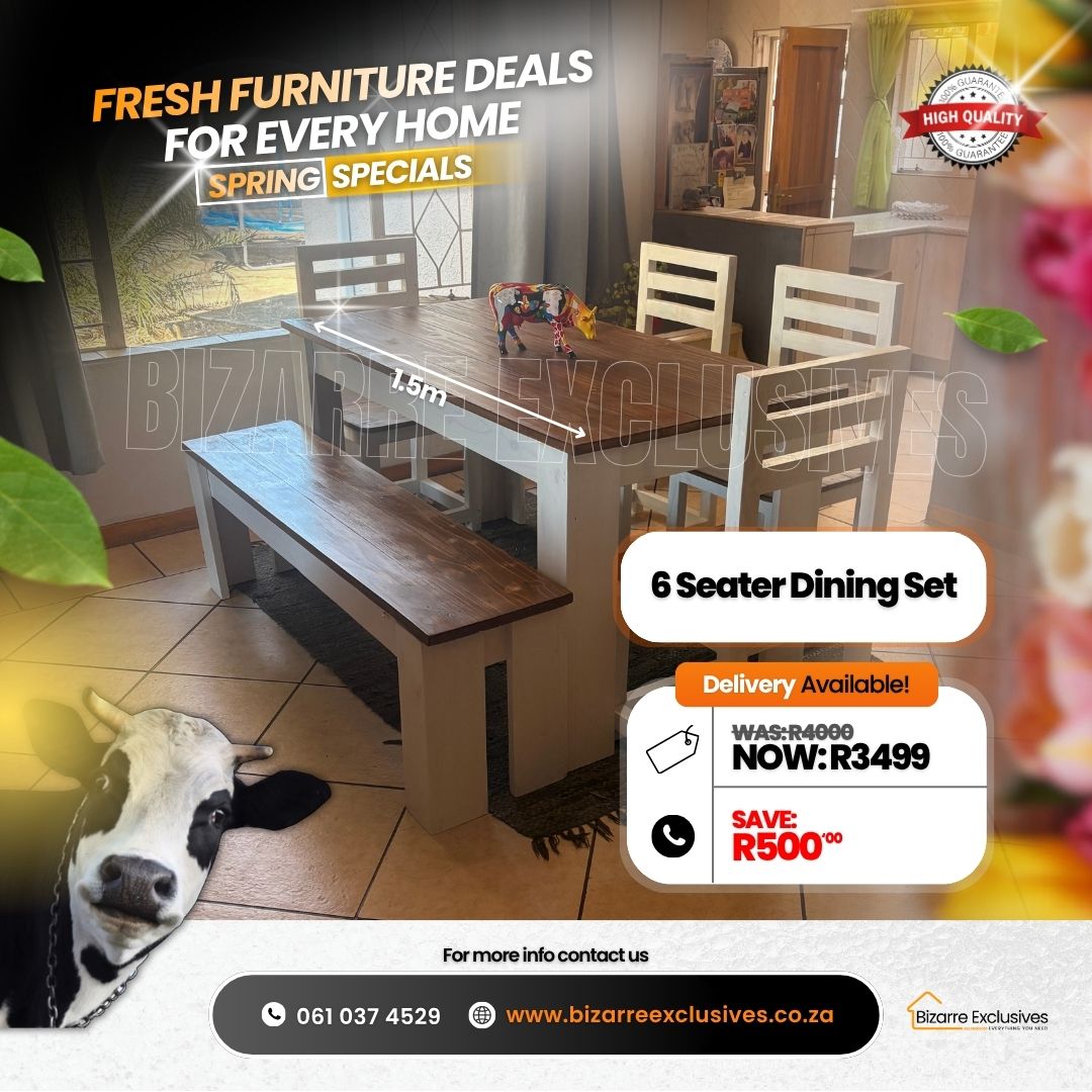 6 seater dining table, bench and chairs ser handcrafted gauteng. 