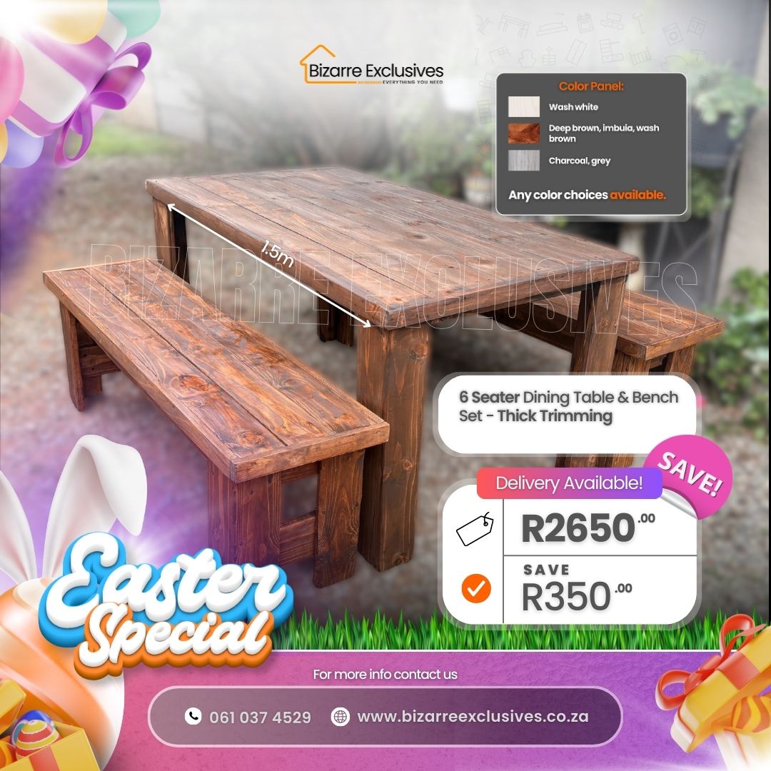 6 Seater dining table and bench set solid wood gauteng.