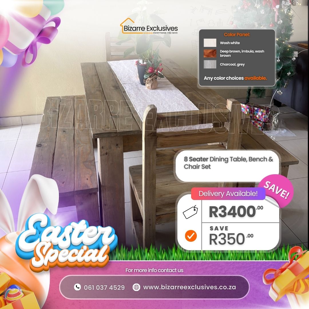 Dining Table, Benches And Chair Set 8 Seater made of solid wood gauteng.