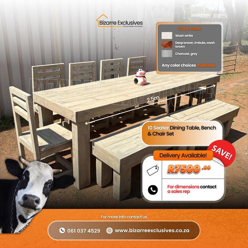 Luxury custom hancrafted 10 seater dining table, chairs and beches set gauteng.