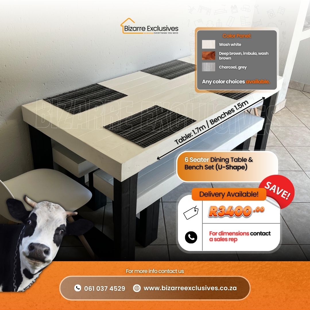 6-seater U-shaped dining table and benches set at Bizarre Exclusives In Gauteng. 