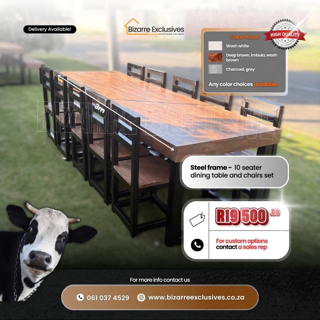 Luxury custom handmade steel frame 10 seater dining table and chairs set gauteng.