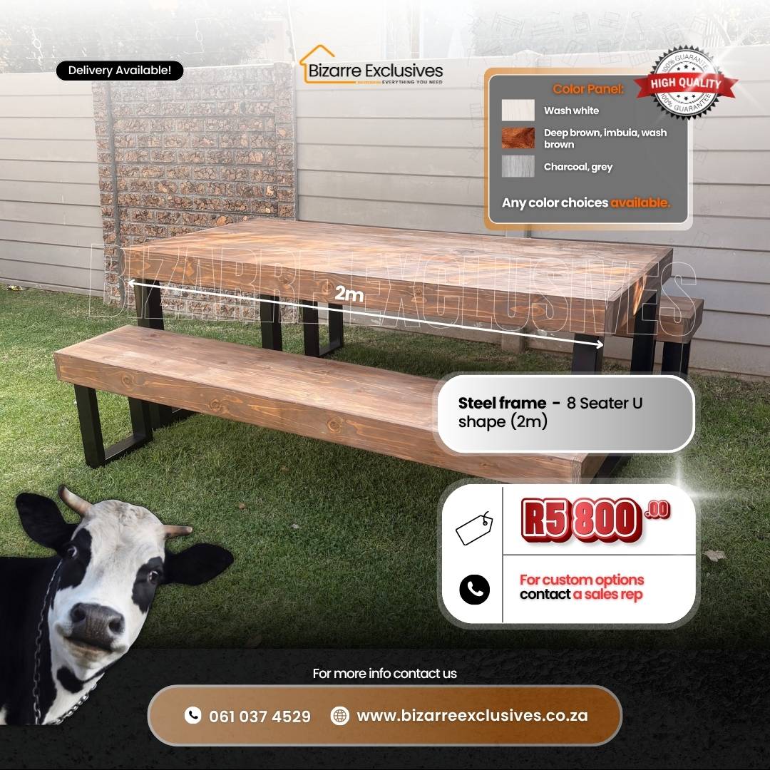 Premium luxury steel frame 8 seater dining table and benches set handcrafted gauteng.