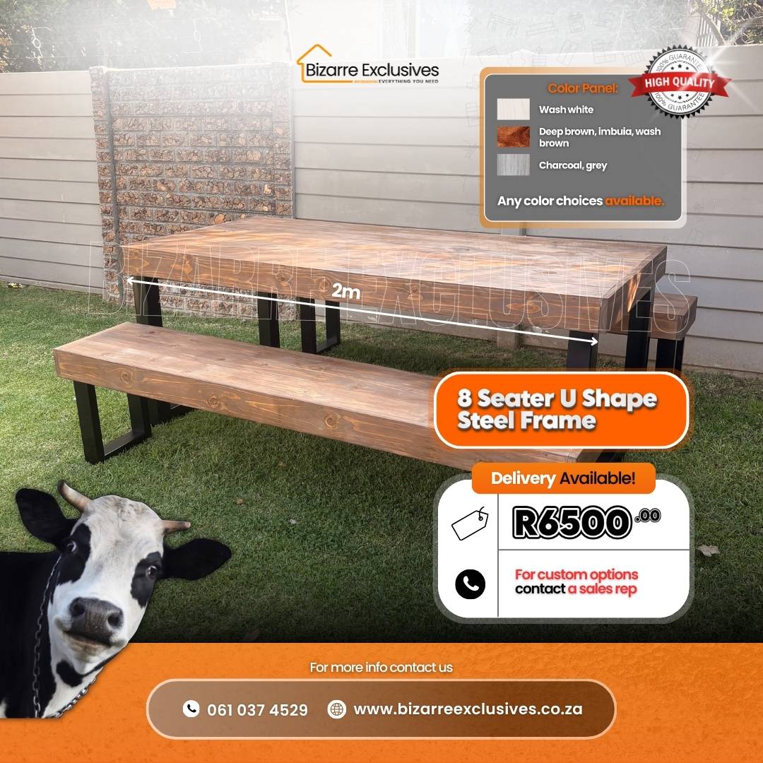 Premium luxury steel frame 8 seater dining table and benches set handcrafted gauteng.